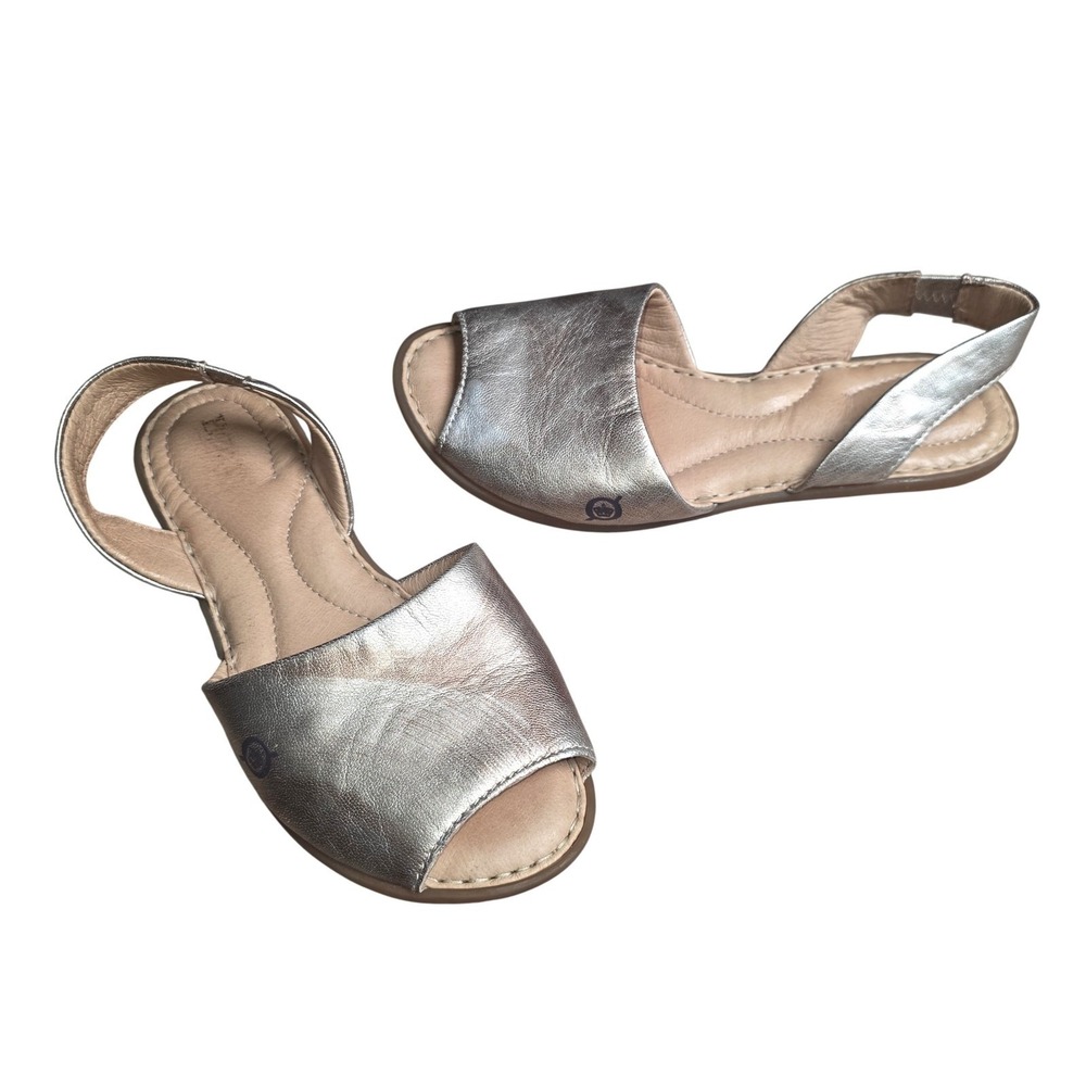 Born Sandals Women 6 Silver Leather Slingback Flat Comfort Open Toe Casual Shoes